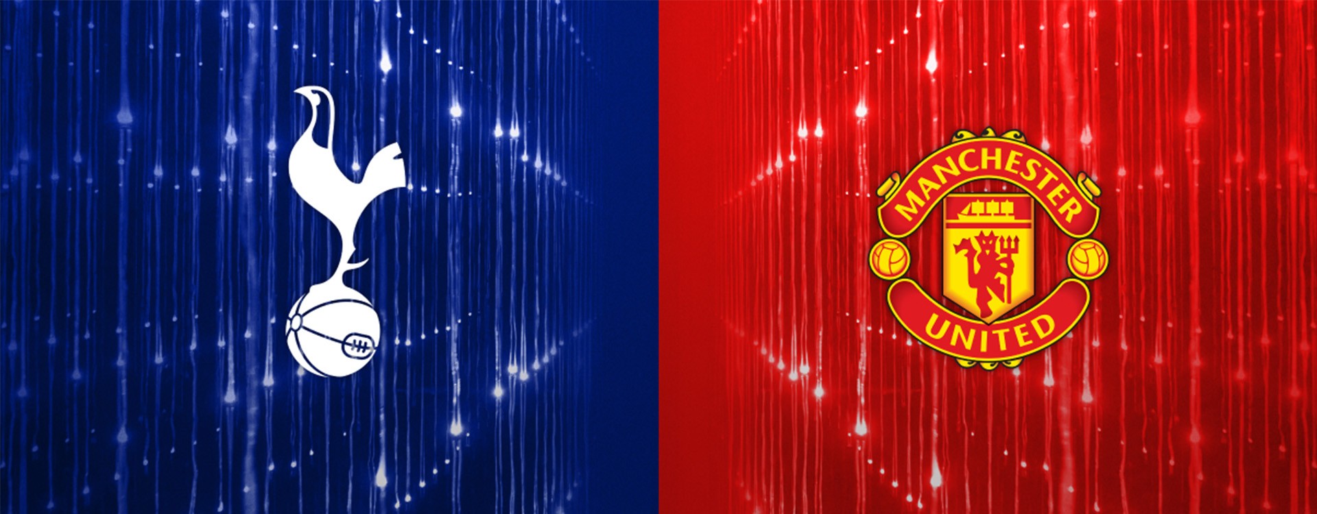Vereinslogos von Tottenham Hotspur und Manchester United auf blau-rotem Hintergrund – Vorschau auf das Europa-League-Finale 2025.